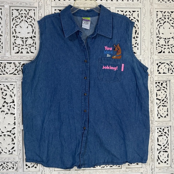 Y2K Scooby Doo Cartoon Network Denim Sleeveless Button Down Blouse Sz XXL - Picture 1 of 9